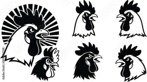 Line art rooster head emblem collection six black and white vector icons close up profile three quarter view facing right and left with fan background bold
