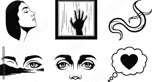 Line art expressive icon set showing profile face hand on glass multiple eye expressions thought bubble heart and abstract smoke shapes in black and white minimalist
