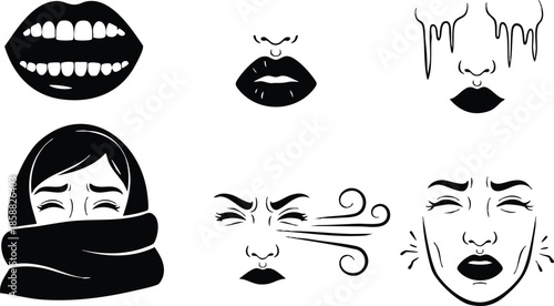 Line art emotive face icon set showing open mouth small lips melting face wrapped scarf shivering blowing breath sweating crying simple black and white vector illustration