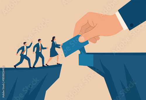 Connect the bridge to help and support team to success, solution or assistance concept, giant manager hand help connect missing piece as the bridge for team members to cross the gap.