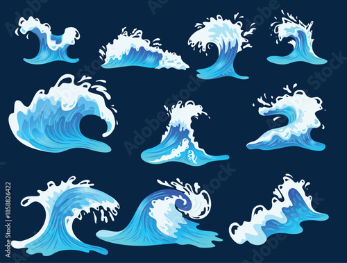 Waves of the Sea: A collection of various stylized waves in shades of blue and white, depicting the dynamic energy and movement of the ocean.