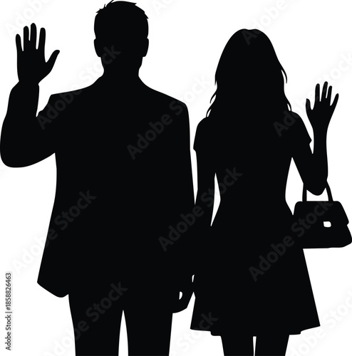 Minimalist vector silhouette close up two people man and woman waving facing camera woman holding handbag standing side by side on white background high contrast bold