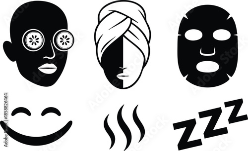 Flat design spa face icon set showing cucumber eye slices towel turban sheet mask smiling mouth steam lines and zzz sleep symbol black bold simple vector