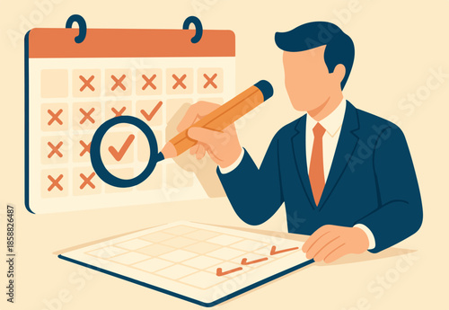 Consistency, discipline or calendar planning productivity, task organize, routine or deadline, complete checklist reminder or progress concept, businessman holding pencil tick every day on calendar.