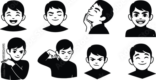 Flat design icon set of male avatar heads showing eight distinct facial expressions and gestures including smiling eyes closed head tilt looking up thinking angry content