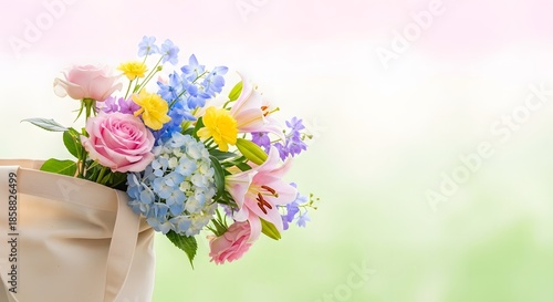 Beige canvas tote bag with pink roses and hydrangeas flowers on soft green and white background with copy space.
