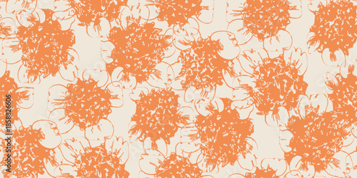 seamless floral pattern featuring hand-drawn organic flowers in orange on a beige background. sketch-style, decorative aesthetic, suitable for fabric, textile, fashion, wallpaper, and home decoration.