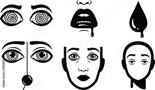 Flat design close up expressive face icon set showing spiral eyes drooling mouth teardrop and mask like silhouettes in high contrast black and white vector illustration