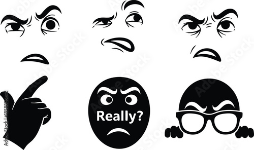 Flat design close up skeptical face and gesture icon set showing raised eyebrow pointing hand chin pose with really text and glasses black silhouettes on white