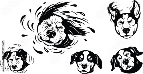 Tattoo flash close up dog head set showing five expressive faces with ink brush strokes wind blown fur looking at camera black and white vector illustration