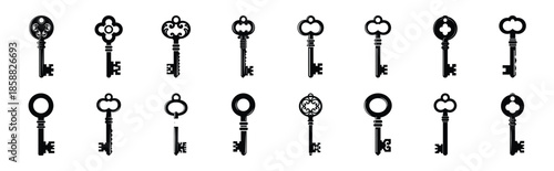 antique key silhouette icon set