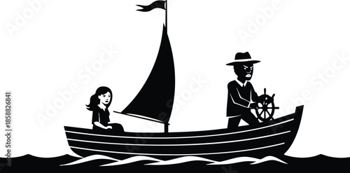 Silhouette vector art low angle small wooden sailboat with man steering wheel wearing hat and child sitting at bow looking forward on calm water soft sunlight