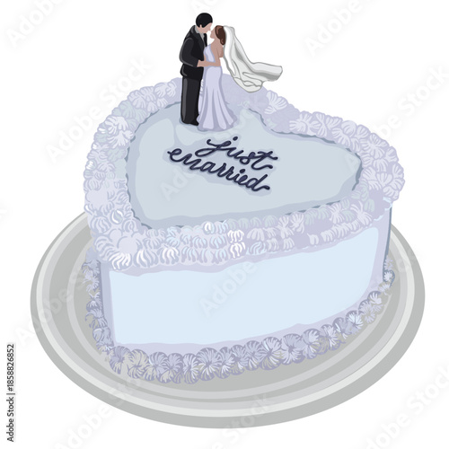 Elegant wedding cake vector illustration with bride and groom topper and “Just Married” lettering. Romantic white cake design for wedding invitations, greeting cards.