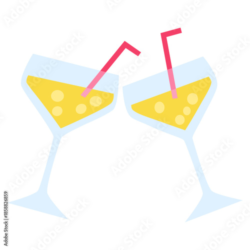Cheers or drinking couple toast drawing. Glasses with martini with pink swizzle sticks. Valentine’s party celebration with lovely. Wine, champagne, prosecco, sangria cocktail vector illustration