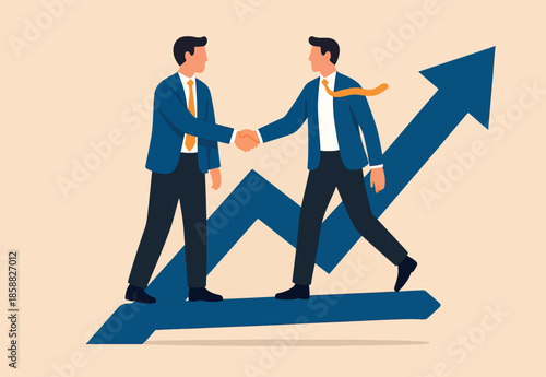 Cooperation partnership, work together for success, team collaboration, agreement or negotiation, collaborate concept, businessmen handshake on growth arrow joining connection agree to work together.