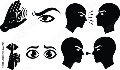 Flat design black silhouette icon set showing hand with sound waves eye and profile faces speaking whispering and shushing finger isolated on white background simple bold