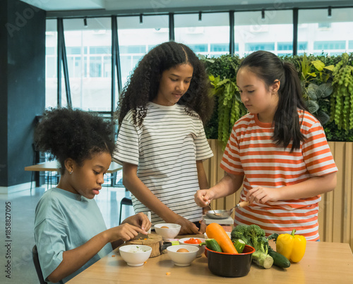 Group three children prepare healthy meal together in bright, modern kitchen. Surrounded fresh vegetable like bell pepper broccoli carrot engage in fun and education cook activity. creating vibrant