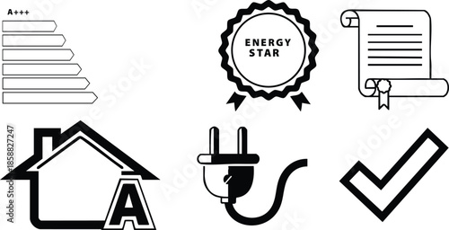 Line art monochrome energy efficiency icon set showing house with a rating plug certificate badge checklist for sustainable home certification and utility compliance simple flat minimal