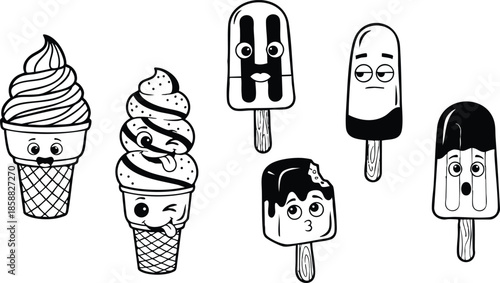 Line art playful close up of smiling ice cream and popsicle characters with expressive faces on sticks arranged in a row simple monochrome vector collection illustration