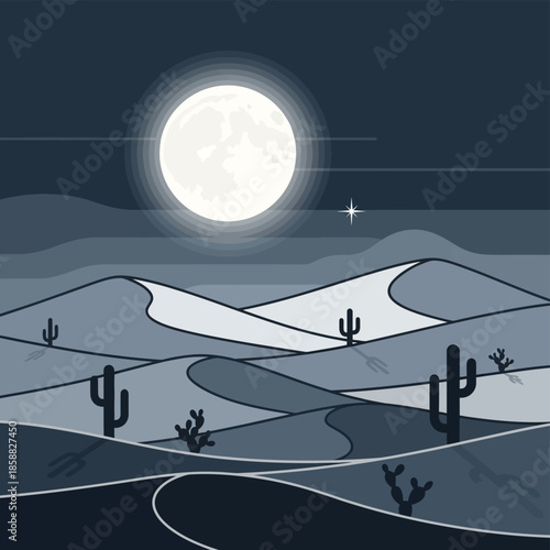 A serene desert landscape at night with a full moon shining brightly over rolling hills and cacti, creating a peaceful atmosphere in a beautiful illustration.