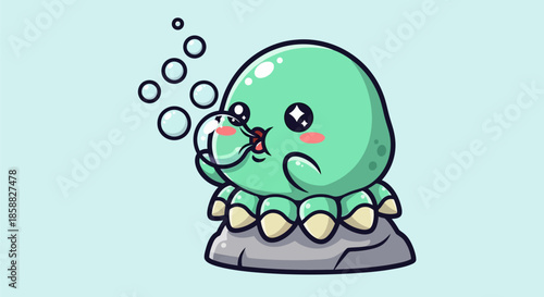 Cute cartoon octopus blowing bubbles underwater.