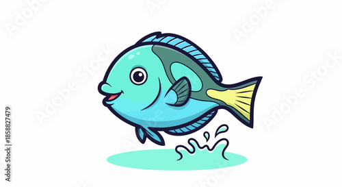 Cute cartoon blue tang fish jumping out of water.