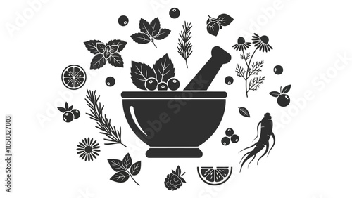 A monochrome arrangement of herbs a mortar and pestle for natural remedies