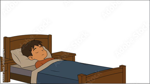 Flat vector illustration of a young boy sleeping peacefully in his bed at night