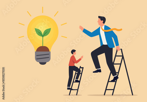 Creativity idea, solution or persuade success, climb up career ladder or business growth, improvement progress businessman climb up ladder to reach lightbulb grow plant.