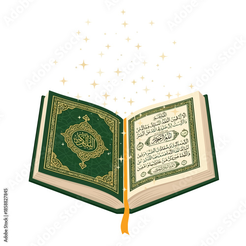 An open green book with gold designs emits sparkling stars, symbolizing ancient wisdom and mysticism 