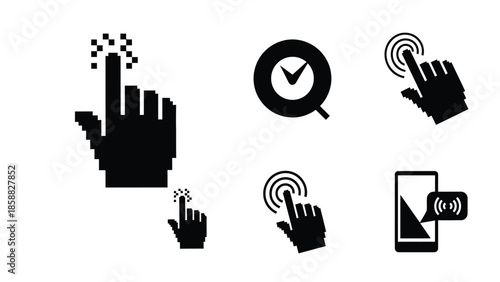 Digital interface elements showing hands interacting with touchscreens and devices
