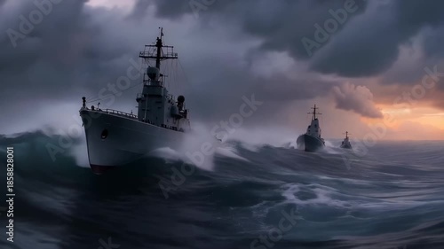 Three ships navigate through high waves at sunset near the coast