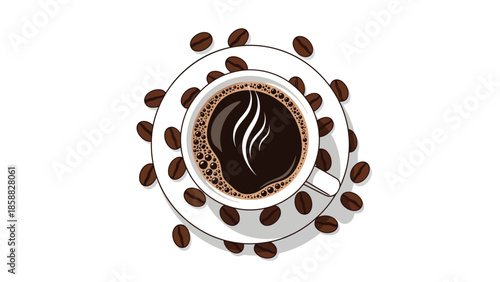 A top down view of a white cup of coffee surrounded by coffee beans