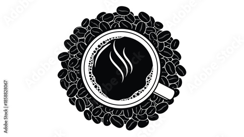 A black and white illustration featuring coffee beans encircling a cup of coffee