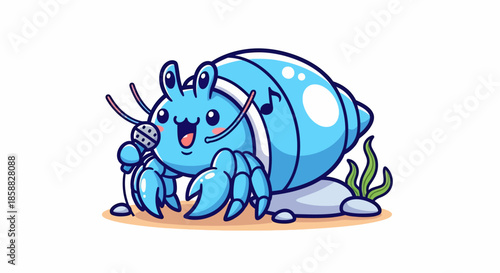 Cute Blue Hermit Crab Singing into Microphone with Musical Notes.