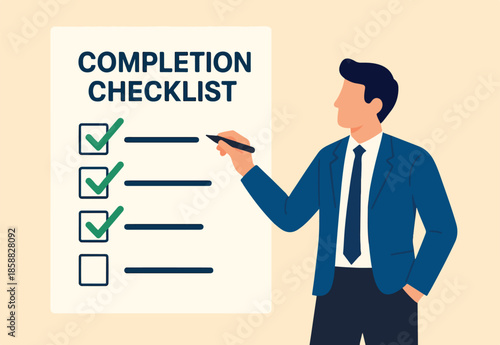 Criteria checklist report, evaluation list, complete checkbox, finish work, to do list or task done, quality assurance control, checkmark concept, businessman put tick on completion checklist