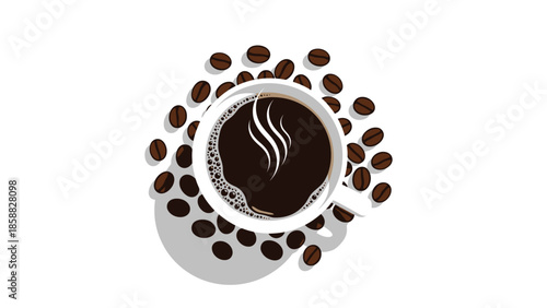 A steaming cup of coffee surrounded by scattered coffee beans top view