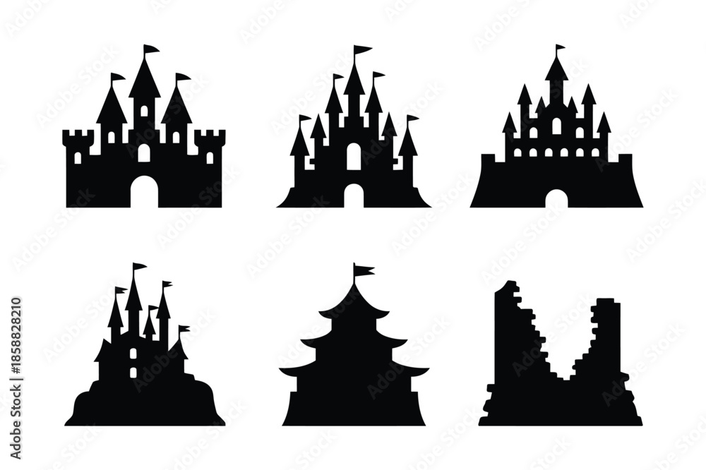 Obraz premium Historic Castle and Fortress Silhouettes of Various Cultures