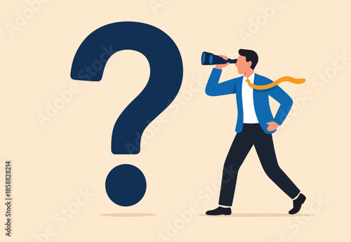 Curiosity explore unknown, search for solution or new business opportunity, seek for success concept, curios businessman with huge question mark look through binoculars to search for new business idea