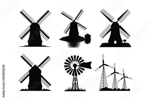 Renewable Energy and Traditional Windmill Silhouette Collection