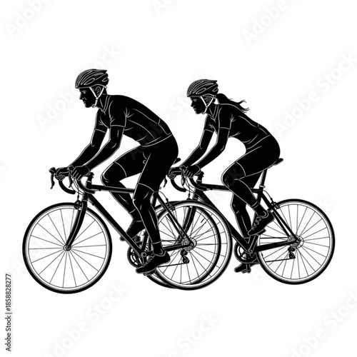 Two cyclists riding bicycles in sync Isolated On Transparent Background.
