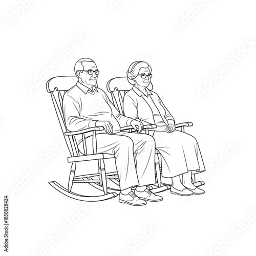 Elderly couple sitting on rocking chairs Isolated On Transparent Background.