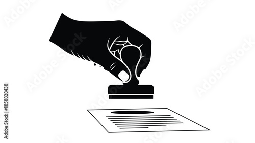 A hand using a stamp on a document black and white illustration
