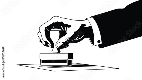 A hand pressing a stamp onto a rectangular object with a shadow