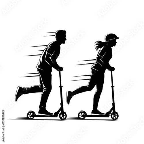 Man and woman riding kick scooters Isolated On Transparent Background.