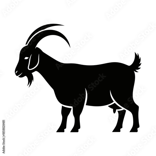 An illustration of a black goat standing alone in a plain white background 