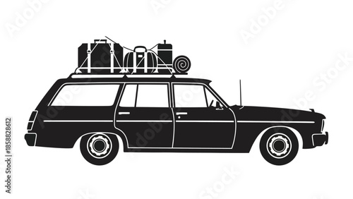 Vintage station wagon with luggage carriers on the roof black and white