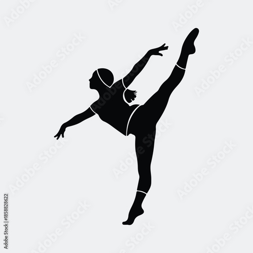Silhouette elegant female dancer performing a dynamic high kick artistic vector illustration