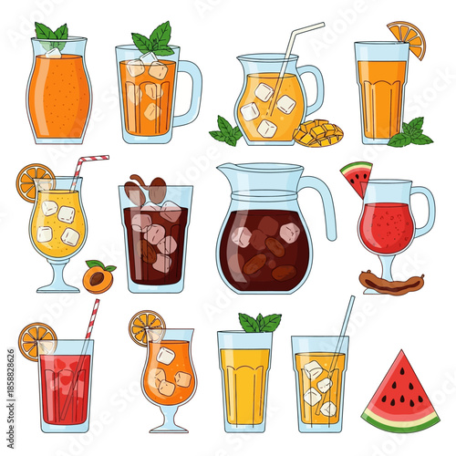 Illustrations of various cold drinks and glasses with fruits on a white background 