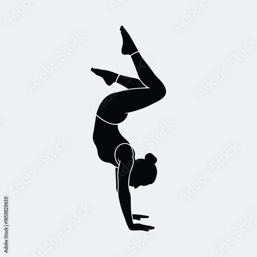 Silhouette elegant woman performing a graceful handstand yoga pose fitness vector illustration